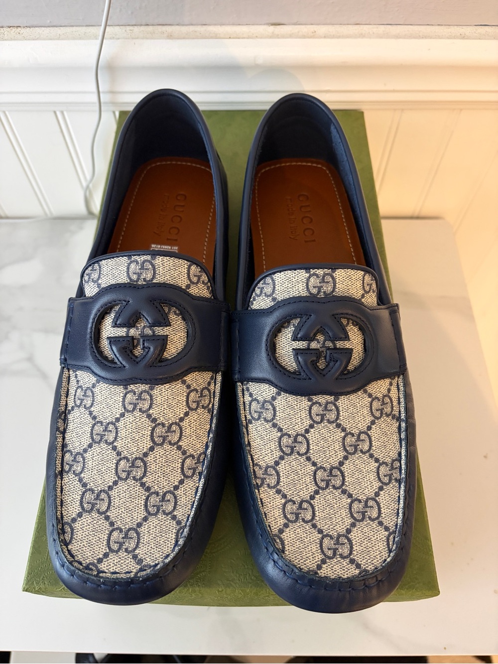 Gucci Navy Blue GG Canvas Leather Drivers